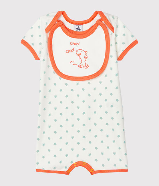 Tutina corta bebè bambino a costine bianco MARSHMALLOW/verde VERGLAS