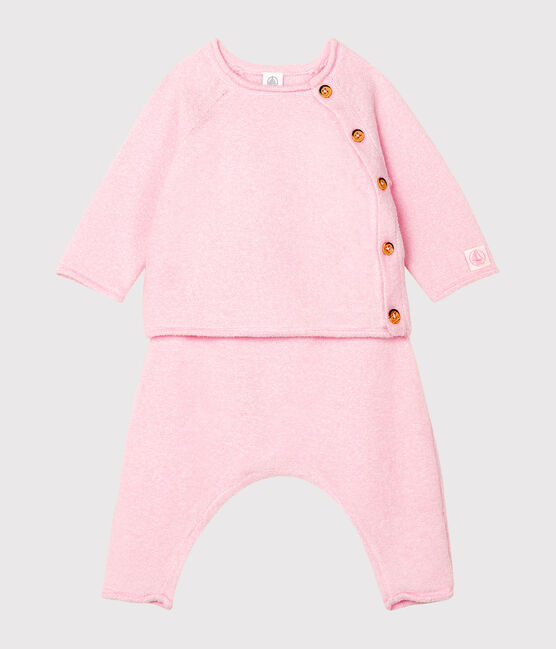 Completo due pezzi bebè in cotone, lana merino e poliestere rosa FLEUR