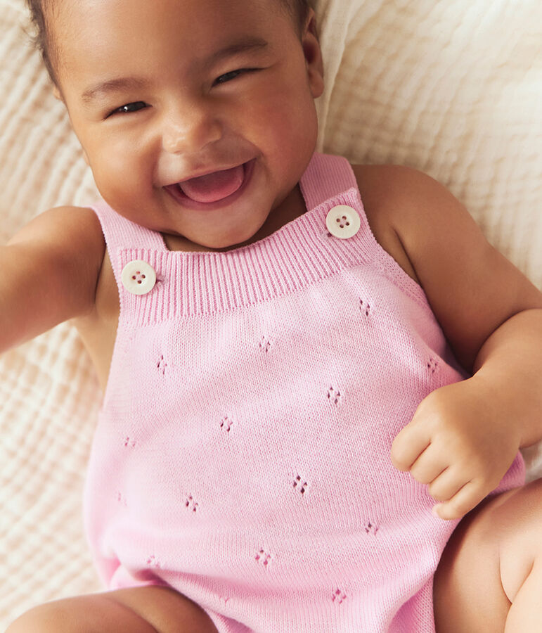 Tutina corta in maglia cotone traforato neonato rosa