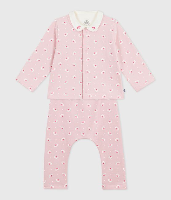 Set 3 pezzi con stampa a cuori e fiori e body con colletto ricamato neonata rosa JOLI/bianco MULTICO