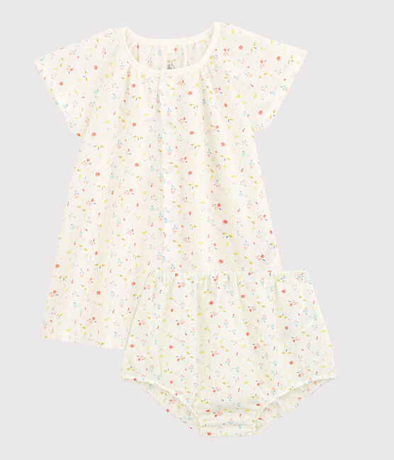 Abito manica corta fantasia frutta con bloomer bebè femmina in tubique ordito e trama di cotone biologico bianco MARSHMALLOW/bianco MULTICO