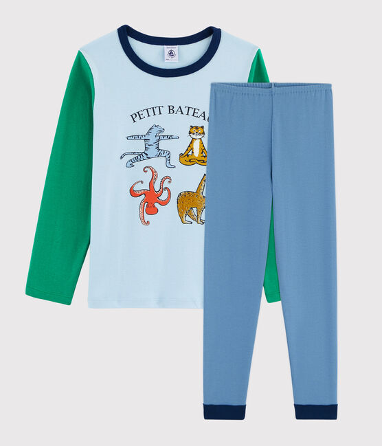 Pigiama animali yoga bambino a costine blu ALASKA/bianco MULTICO