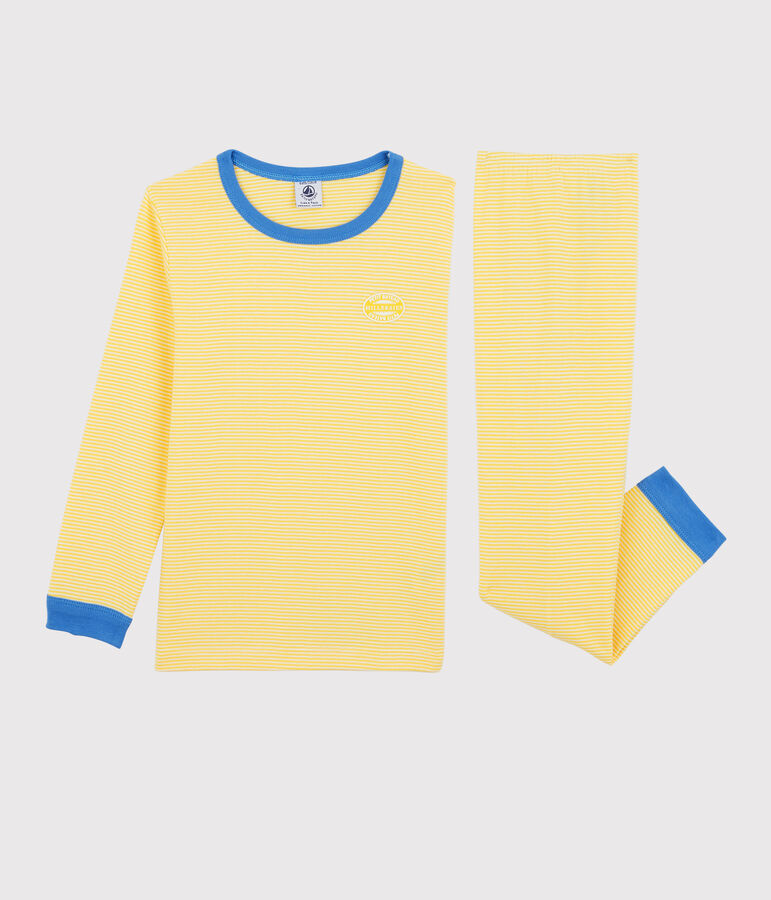 Pigiama bambina/bambino rigato millerighe in cotone biologico giallo ORGE/bianco MARSHMALLOW