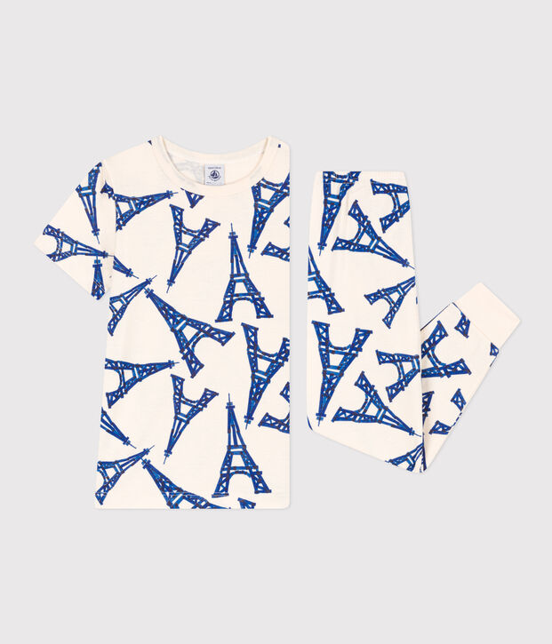 Pigiama bambino unisex a maniche corte in cotone ecru/multicolore