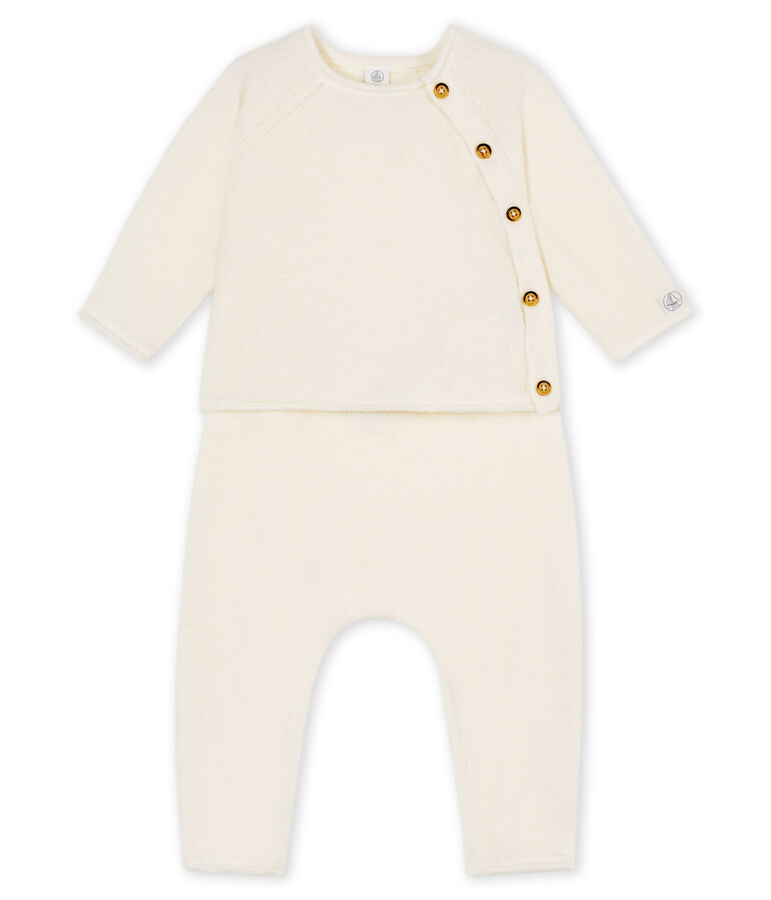 Completo due pezzi beb&egrave; in cotone, lana merino e poliestere bianco