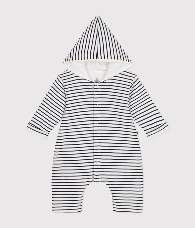 Tutina lunga beb&egrave; in ovattina con cappuccio in cotone bianco/blu
