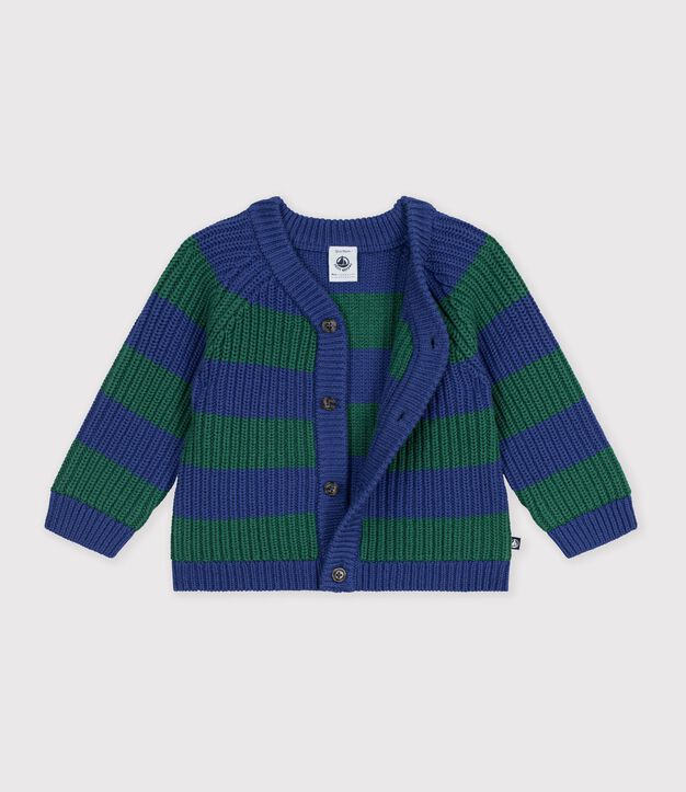 Cardigan in maglia di misto lana e cotone a righe neonato multicolore/verde