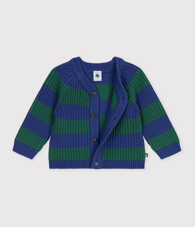 Cardigan in maglia di misto lana e cotone a righe neonato multicolore/verde
