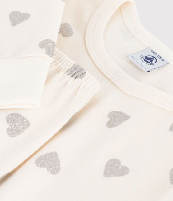 Pigiama in cotone con cuori argentati stampati bambina ecru MILK/ ARGENT
