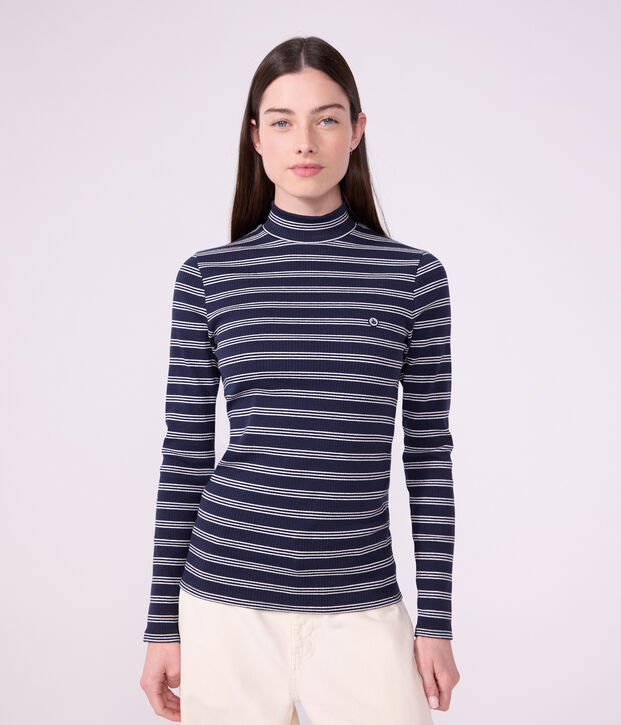 Dolcevita in cotone a righe donna blu/bianco