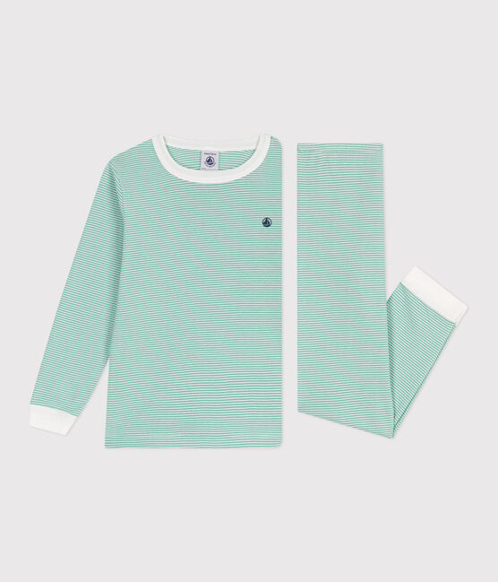 Pigiama in cotone a righe bambino verde ALOEVERA/bianco MARSHMALLOW