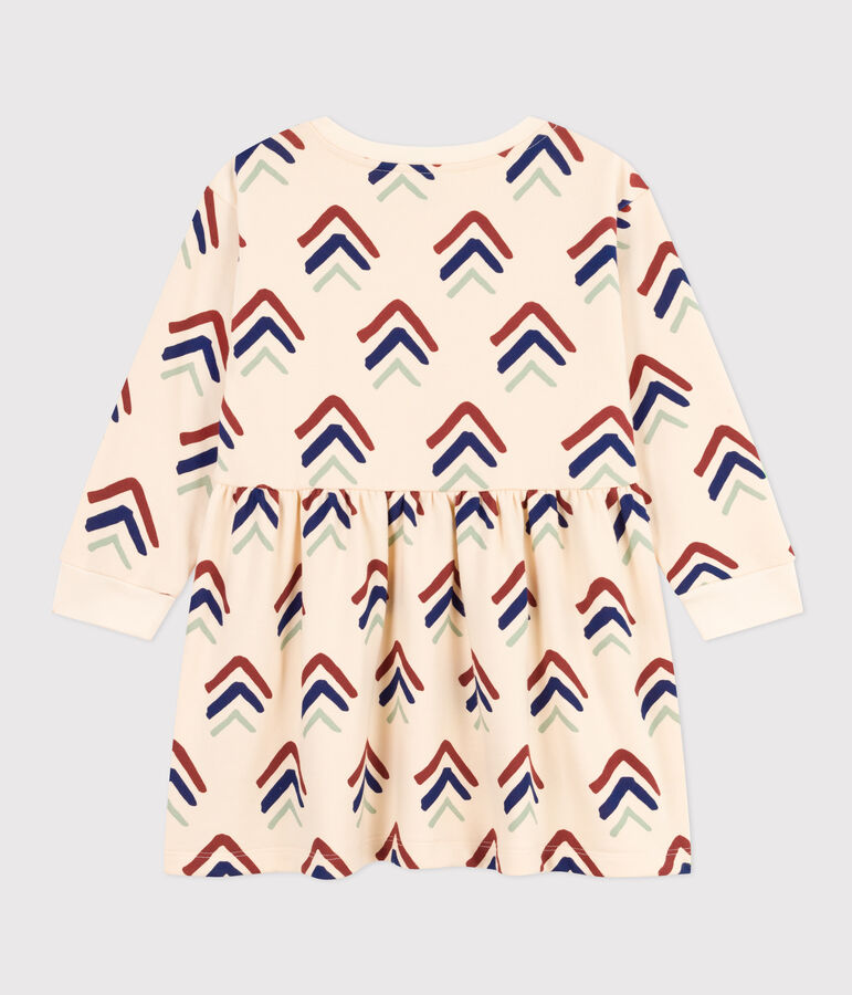 Abito bambina a maniche lunghe in tessuto felpato stampato ecru/blu/multicolore