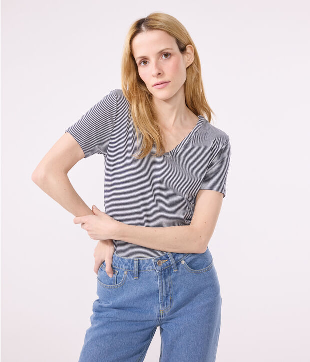 T-shirt L'Iconique scollo a V in cotone a righe donna blu/bianco