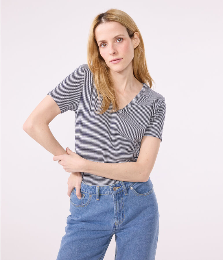 T-shirt L'Iconique scollo a V in cotone a righe donna blu SMOKING/bianco MARSHMALLOW