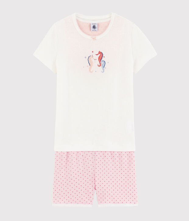Pigiama corto cavallucci marini bambina in cotone bianco/rosa