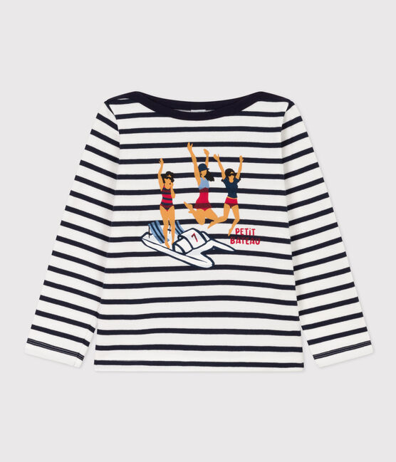 Marinière bambina in cotone spesso con serigrafia bianco MARSHMALLOW/blu SMOKING