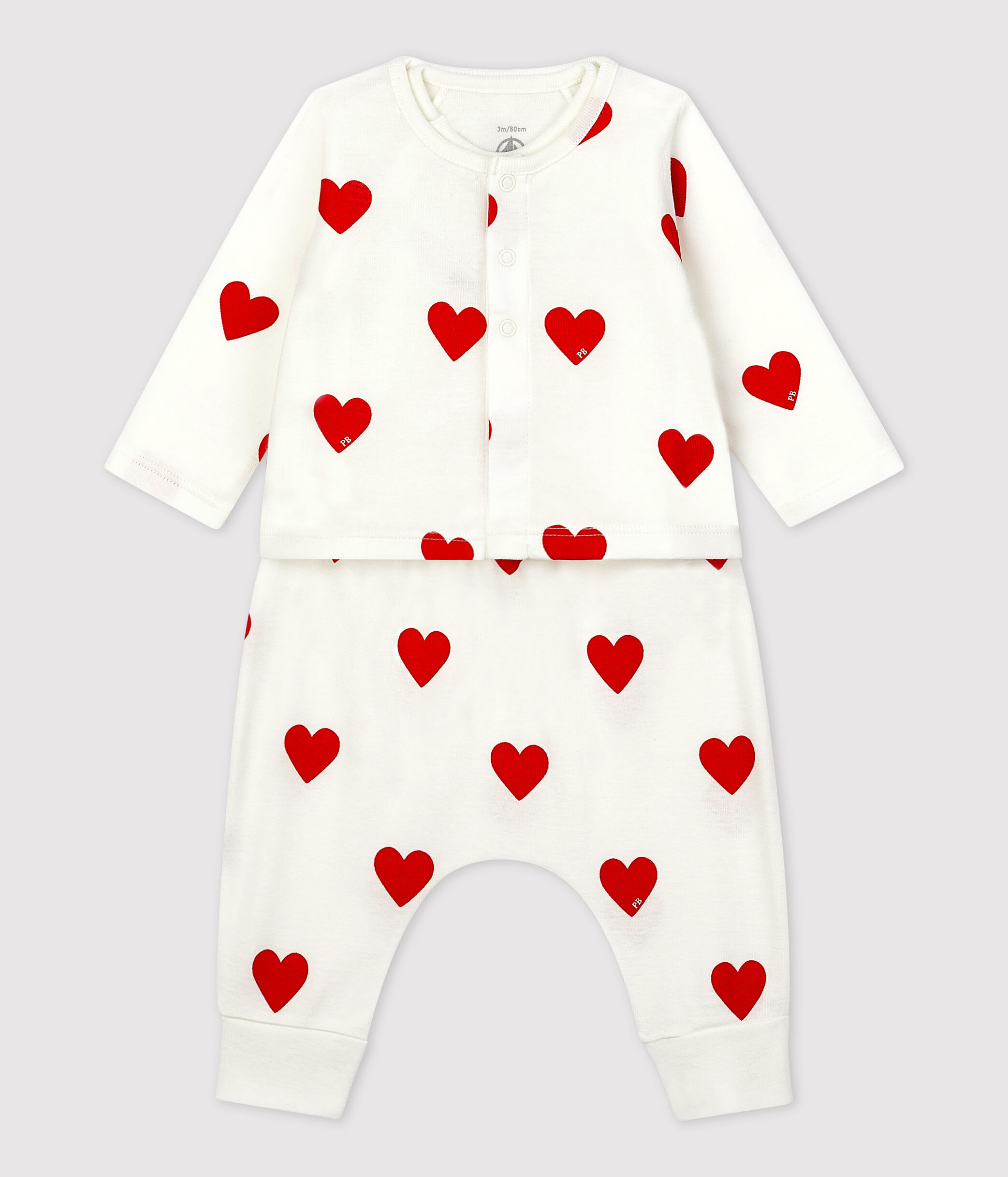 Completo 3 pezzi beb in cotone biologico a cuori MARSHMALLOW