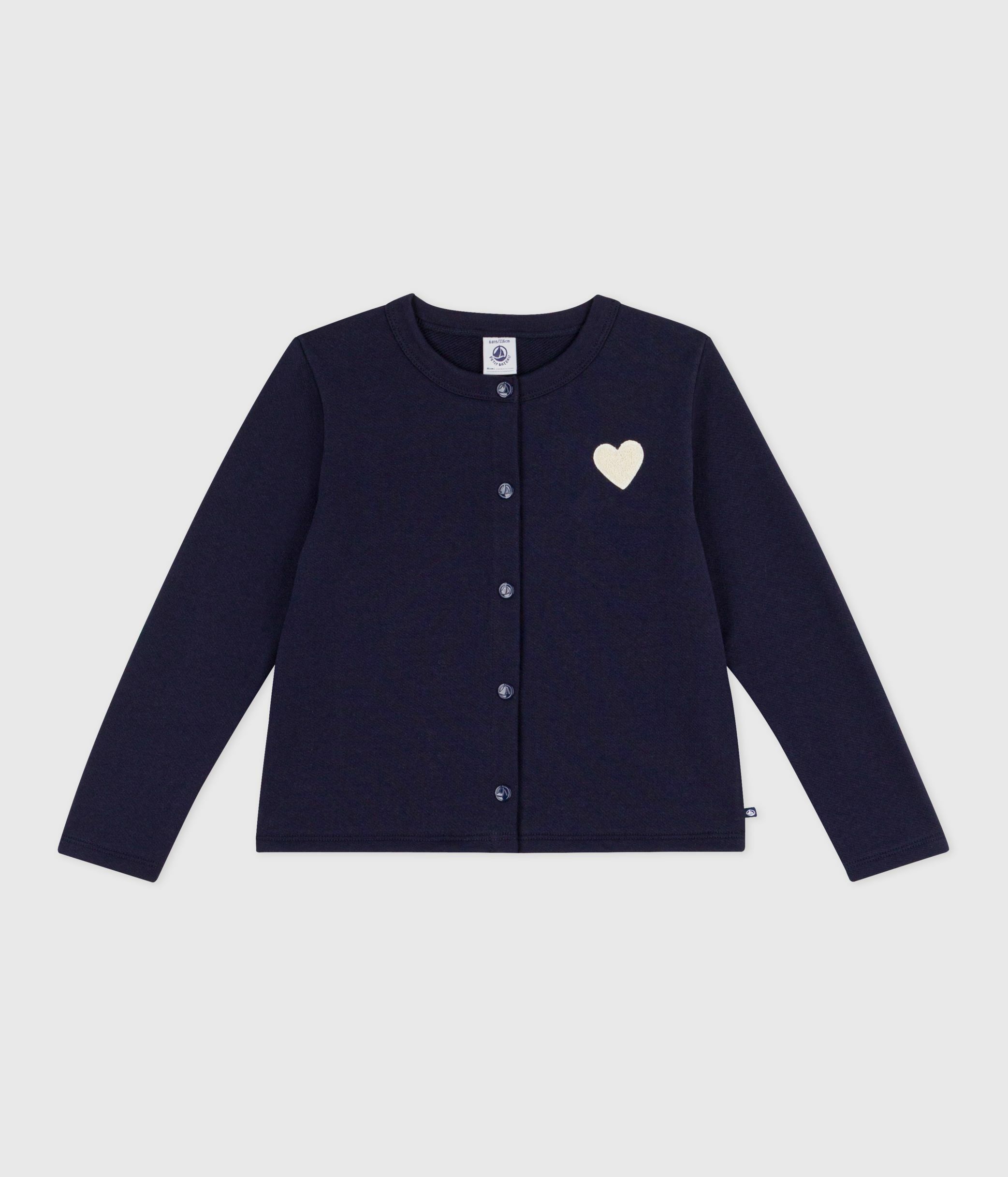 Cardigan Petit Bateau In Cotone Pile Tinta Unita Per Ragazza – Morbido, Con Bottoni Automatici, Scollo Rotondo E Spilla A Cuore, Taglio Dritto