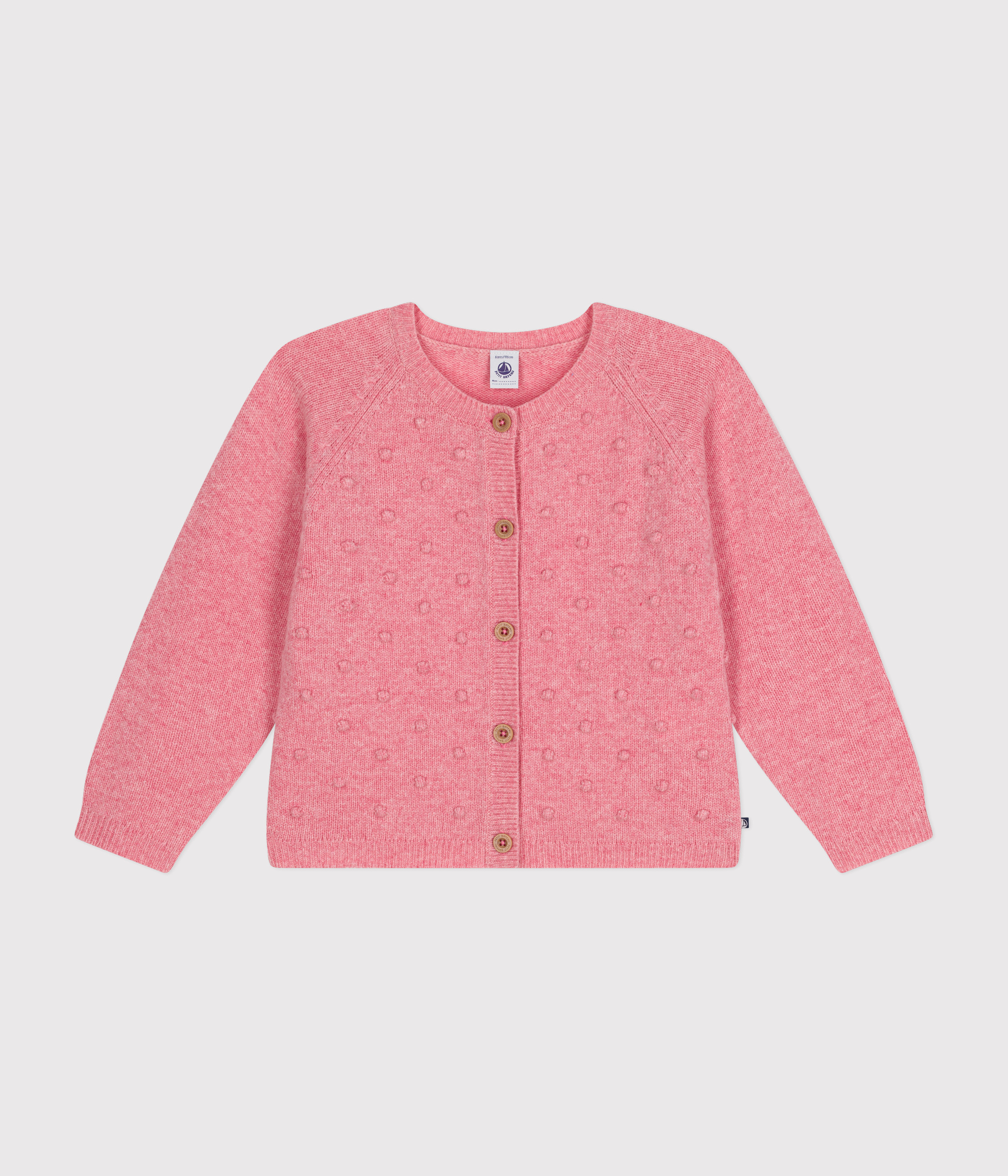 Cardigan neonata in puro cotone rosa fucsia lavorato ai ferri con rifiniture ad uncinetto