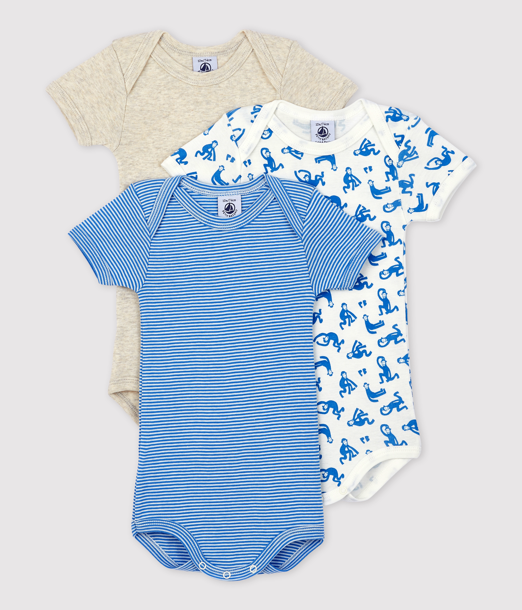 Body Per Neonati Petit Bateau Maniche Corte - Confezione Da 3, Unisex, Collo A V, 100% Cotone